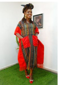Lady Funmi Dress by LAruge Couture - Luxury Hand-Woven Nigerian Aso Oke Gown with Red Side Drapes and Fringed Pockets