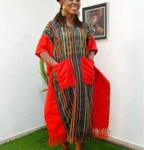 Lady Funmi Dress by LAruge Couture - Luxury Hand-Woven Nigerian Aso Oke Gown with Red Side Drapes and Fringed Pockets